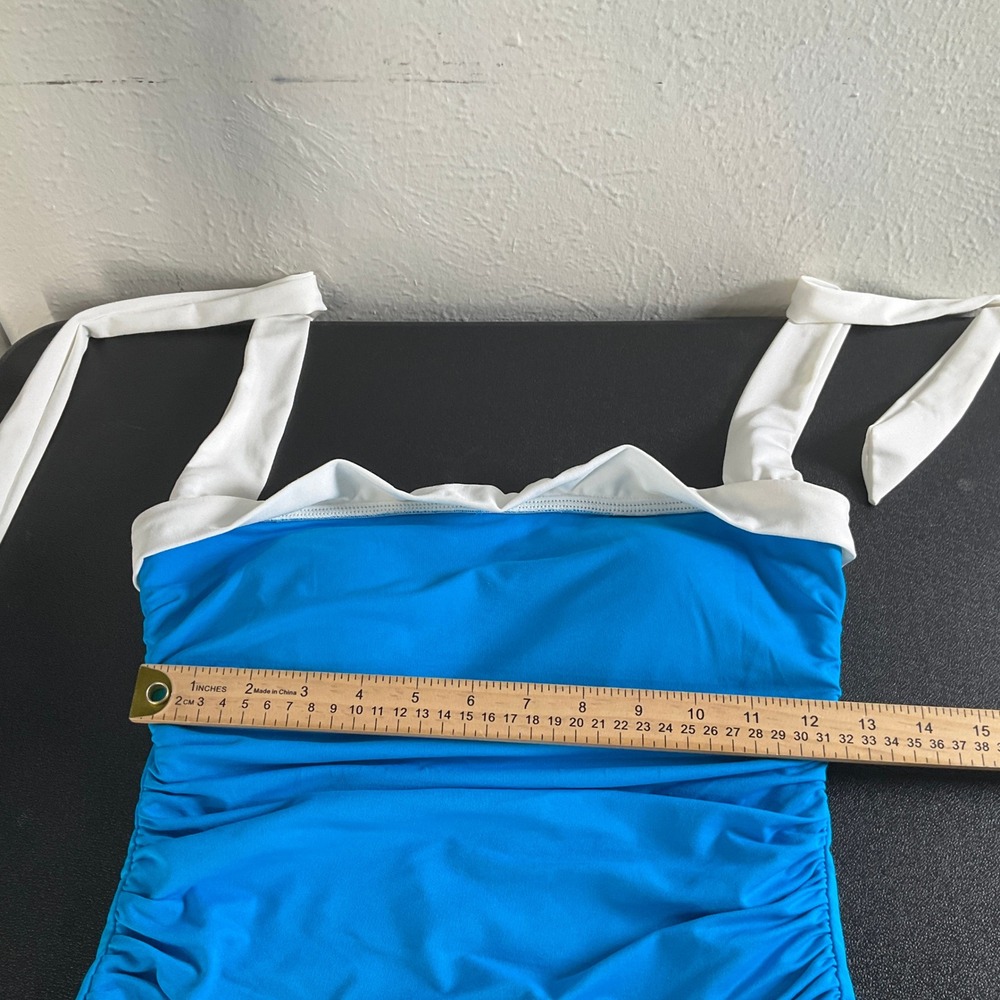 Lauren Ralph‎ Lauren One Piece Swimsuit Blue Ruched Skirt Halter Size 10 - Picture 8 of 11